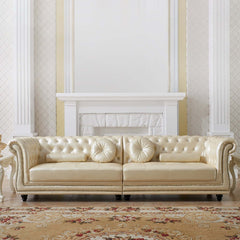 Luxurious Champagne Faux Leather Sofa with Ottoman and Seating for 4