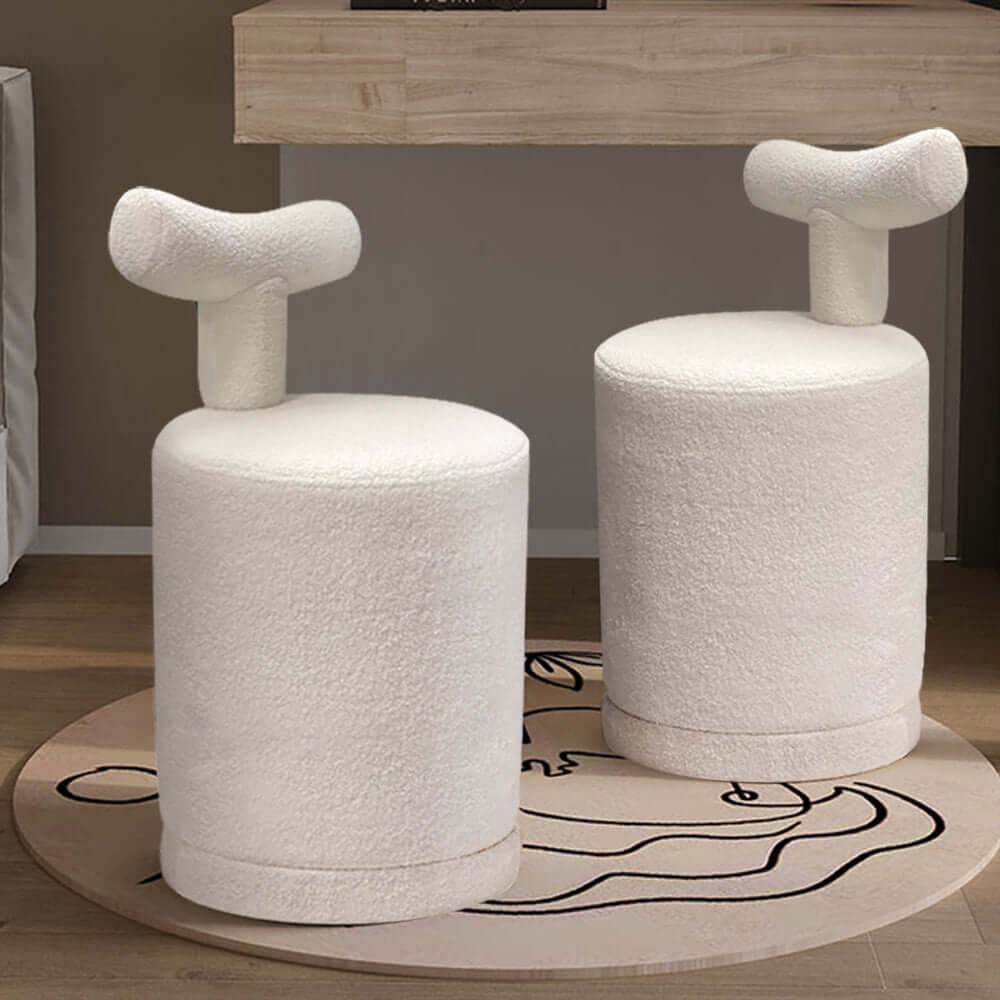 Elegant White Boucle Vanity Stool for Bedroom Vanity Chair with Round Seat & Backrest