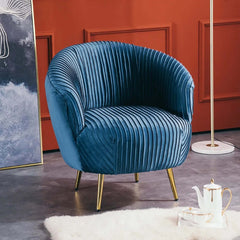 Blue velvet chair with gold metal legs, modern accent chair for living room or bedroom