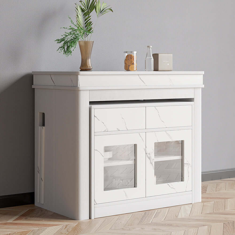 Modern extendable dining table with 4 chairs and rectangle storage sideboard in elegant walnut and gray finish