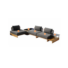 5-piece teak outdoor sectional sofa set with coffee table and cushion in natural and gray, patio seating ensemble