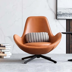 Stylish brown egg lounge chair upholstered in faux leather with a sleek metal base design