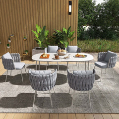 7 Pieces Outdoor Dining Set with Oval Faux Marble Top Table and Rope Woven Armchair for Stylish Patio Dining