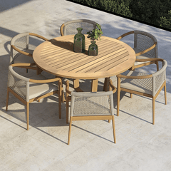 Two modern teak wood outdoor patio dining chairs in natural and beige