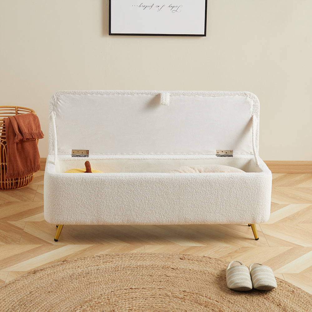 Modern Bedroom Boucle White Bench Upholstered Ottoman with Storage & Gold Legs