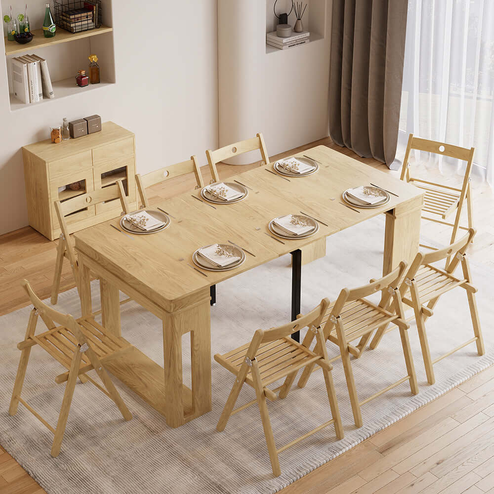 Modern extendable dining table with 4 chairs and rectangle storage sideboard in elegant walnut and gray finish