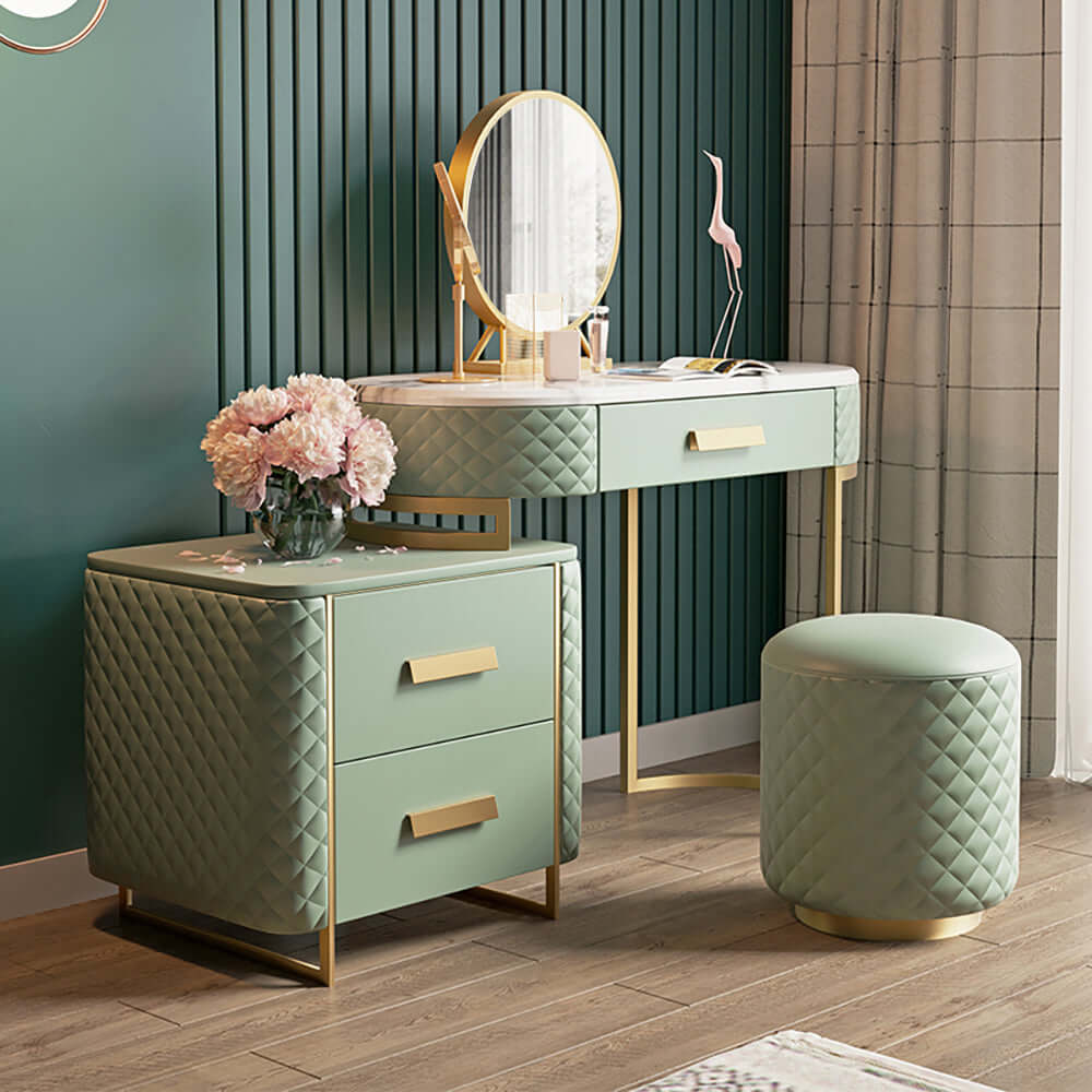 Elegant Green Makeup Vanity Set with Cabinet, Mirror, and Stool Elegant Green Makeup Vanity Set with Cabinet, Mirror, and Stool
