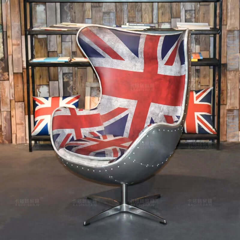 Leather upholstered swivel office chair with wing back and industrial style featuring national flag design