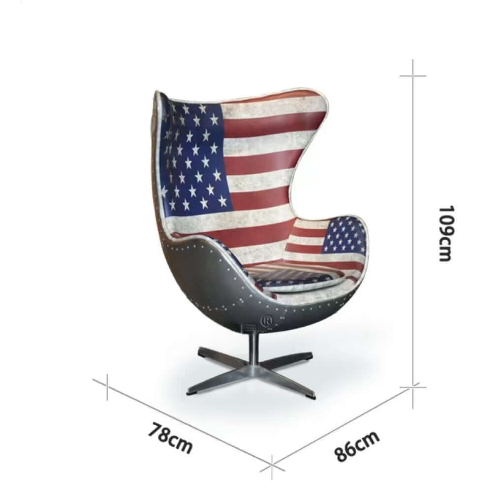 Leather upholstered swivel office chair with wing back and industrial style featuring national flag design