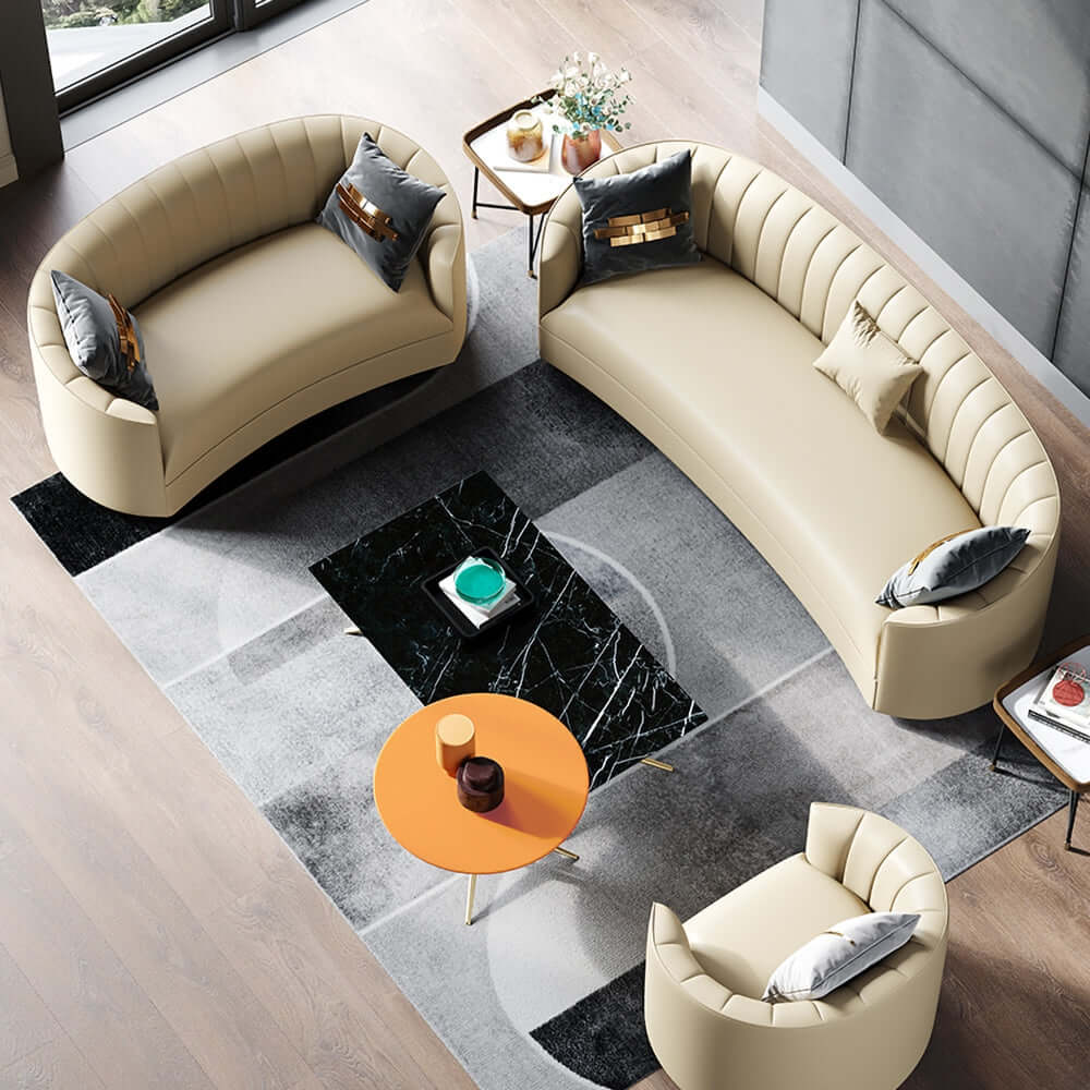 Stylish 88.6“ beige curved microfiber leather sofa with gold leg - luxury interior design