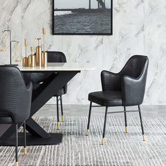 Modern black faux leather upholstered dining chair set of 2 with high back and armrests