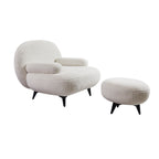 White cream boucle accent chair with matching pouf ottoman for modern lounge seating