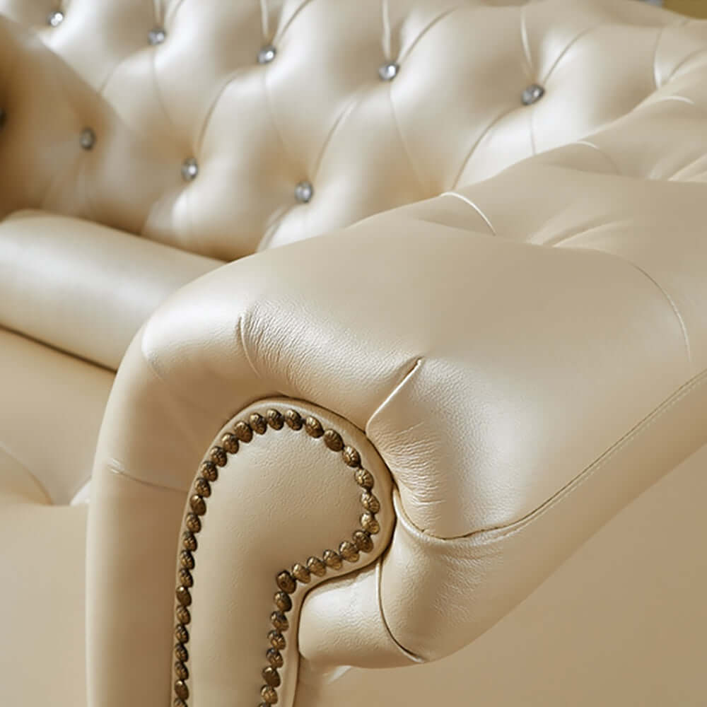 Elegant Champagne 4 Seater Chesterfield Sofa with Ottoman in Upholstered Faux Leather
