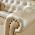 Elegant Champagne 4 Seater Chesterfield Sofa with Ottoman in Upholstered Faux Leather