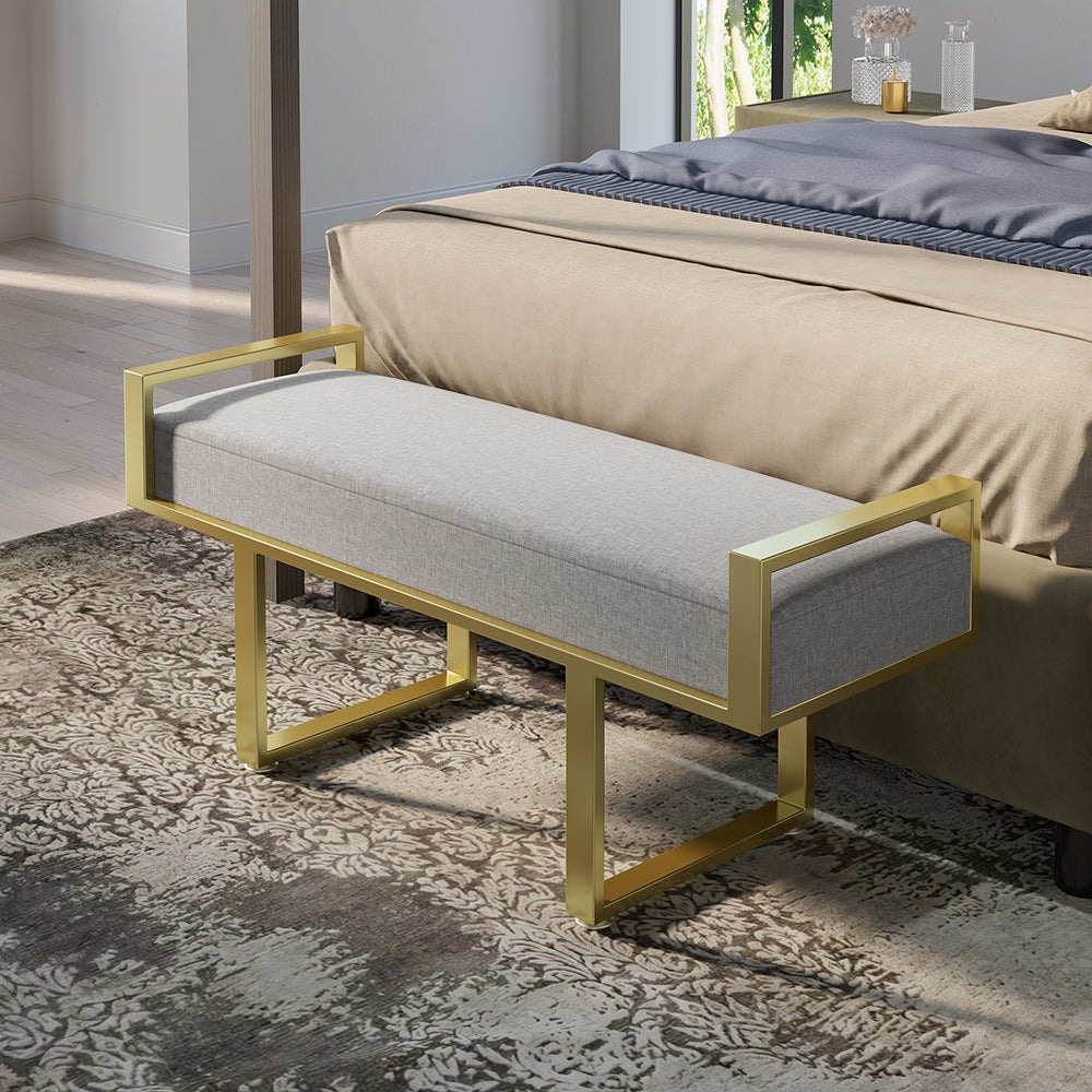 Modern Bedroom Bench Gray Linen Upholstered Ottoman Bench with Gold Legs Entryway