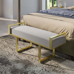 Modern bedroom bench in gray linen with gold legs upholstered ottoman for entryway decor