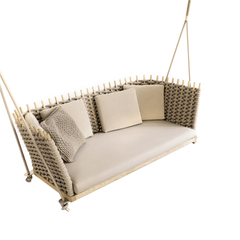 Outdoor Woven Rattan Porch Hanging Sofa Swing with Khaki Cushion for Comfortable Relaxation