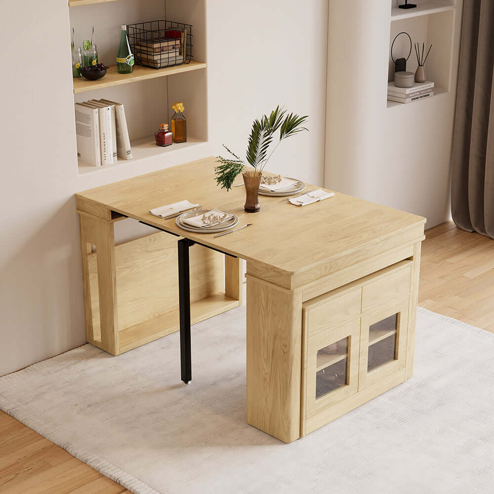 Modern extendable dining table with 4 chairs and rectangle storage sideboard in elegant walnut and gray finish
