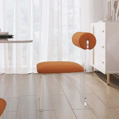 Contemporary orange velvet dining chairs, 2 modern upholstered acrylic side chairs