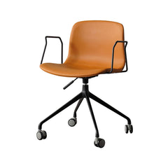 Brown swivel office chair featuring PU leather upholstery and ergonomic backrest for added comfort