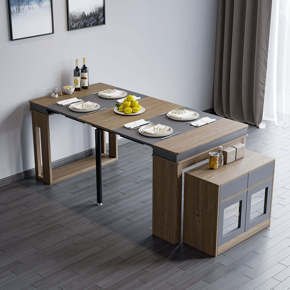 Contemporary walnut and gray dining set with extendable table, 4 chairs, and stylish storage sideboard