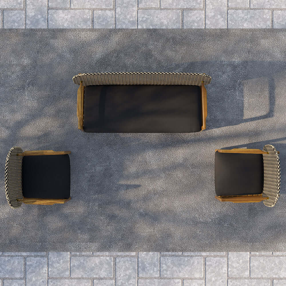 Teak and rattan 3-piece outdoor sofa set with natural wood rocking chair and cushions