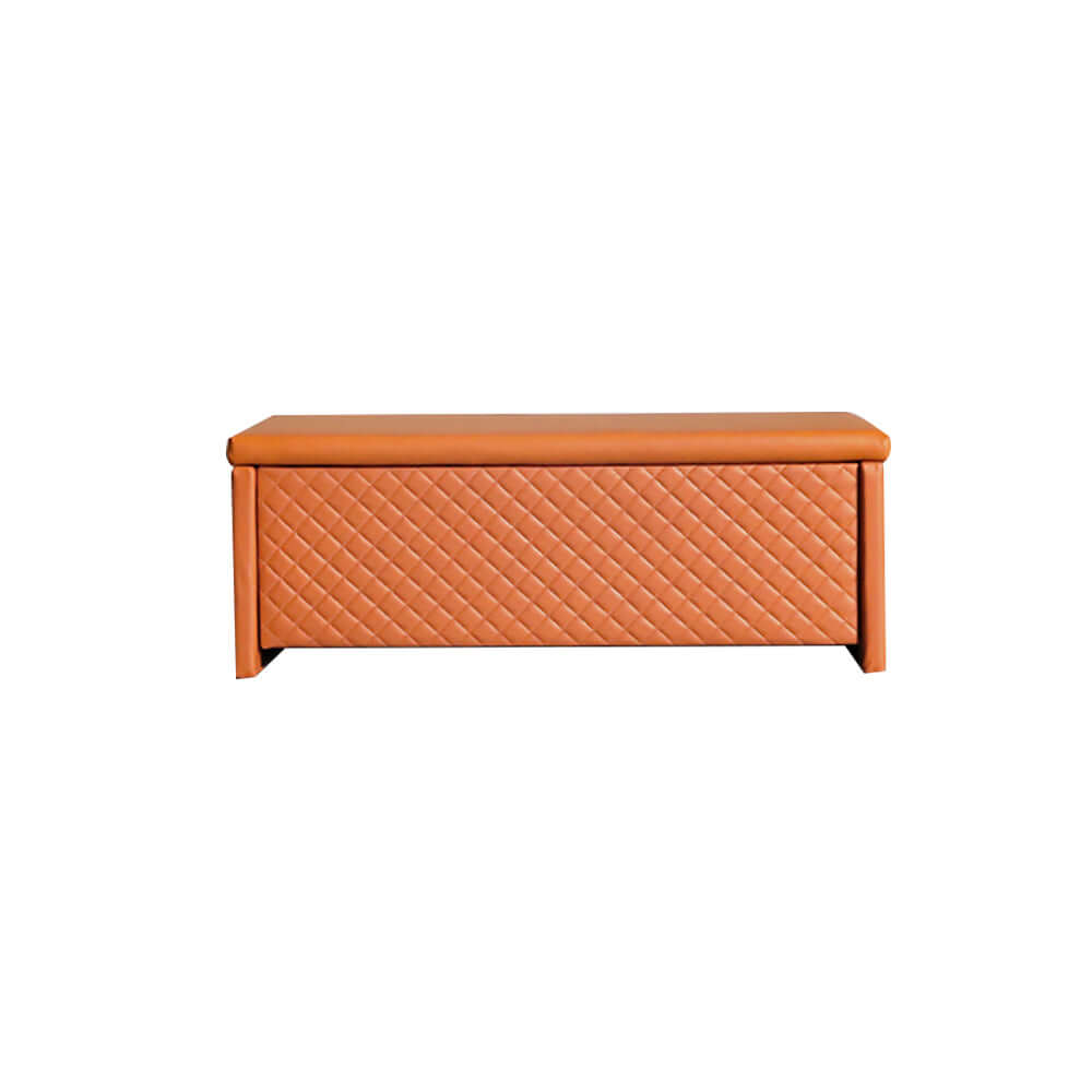 Functional liftable bench upholstered in orange vegan leather with storage ottoman drawer