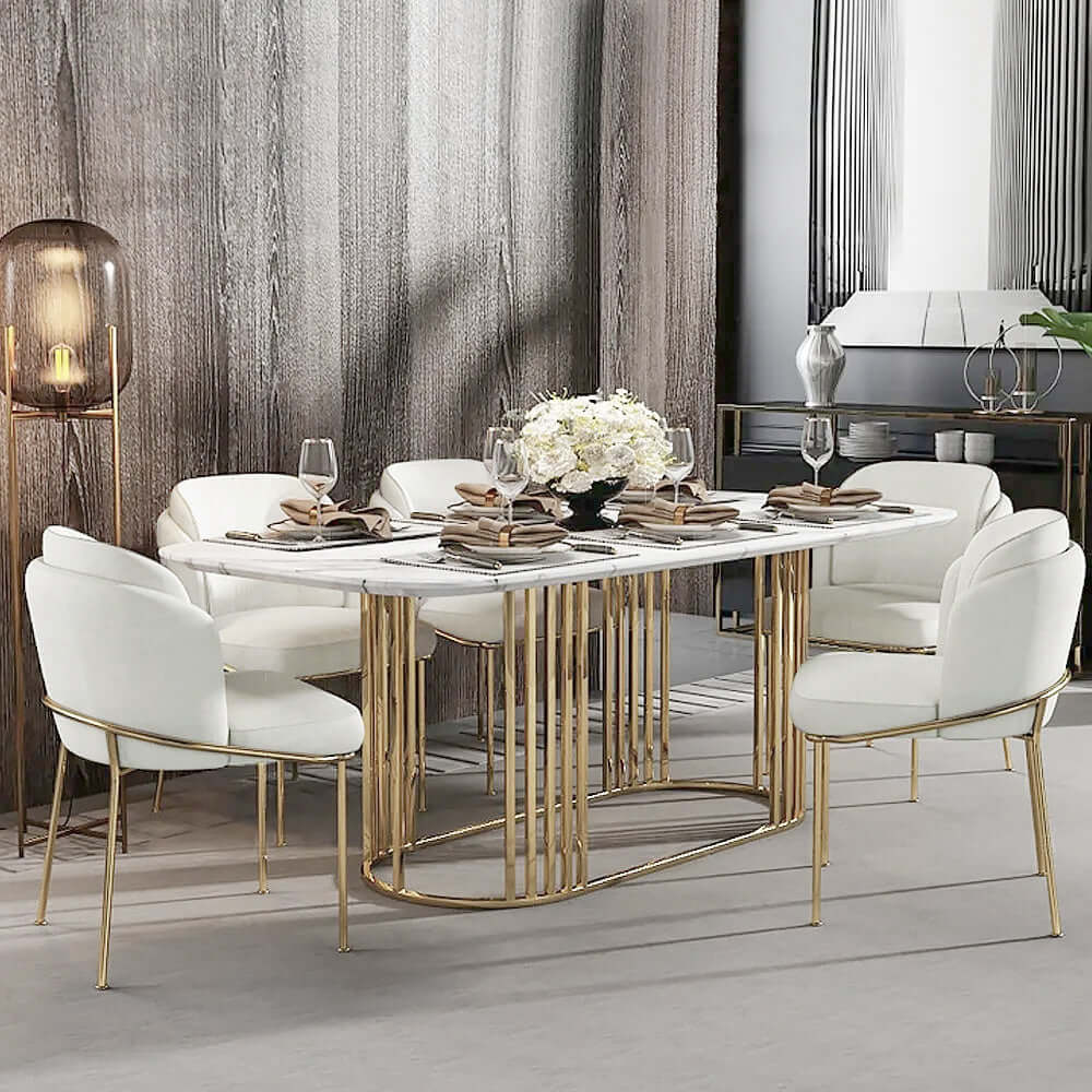 Contemporary white dining chair featuring cotton & linen upholstery and elegant gold finish