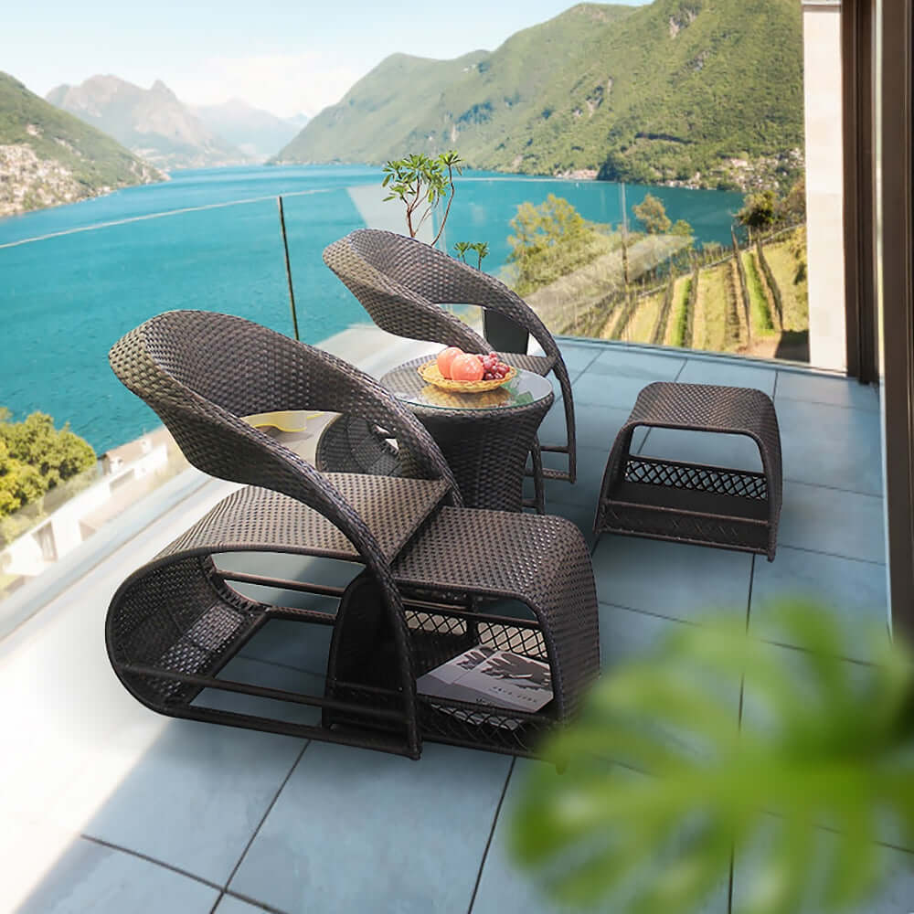 Outdoor PE Rattan Liegestuhl mit Ottoman & Aufbewahrung 2-teiliges Set in Kaffee