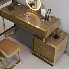 Contemporary walnut dressing table with drawers and cabinet, complete makeup vanity set with mirror and stool for stylish bedroom or bathroom