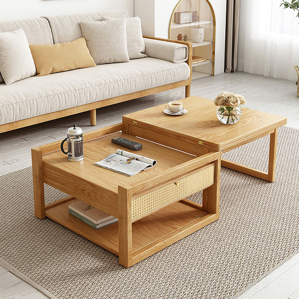 Japandi Wooden Folding Coffee Table Set Dining Table Rattan Nesting Accent Table