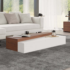 Modern low block coffee table set with storage drawers in white and walnut