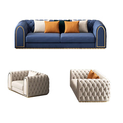 Blue and beige luxurious velvet upholstered chesterfield sofa set for living room