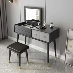 Chic makeup vanity set in gray with fliptop mirror and comfortable stool