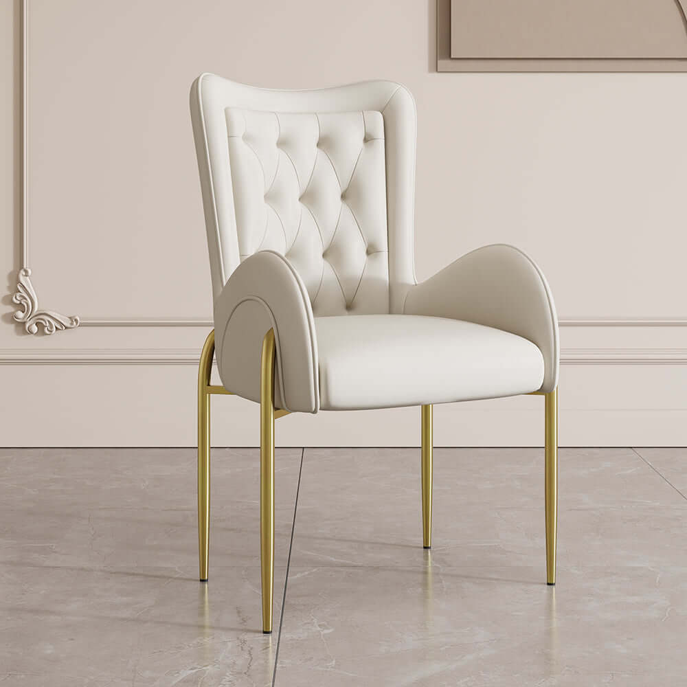 Oakic White PU Leather Upholstered Dining Chair Modern Tufted Wingback Chair with Arm - Front view in dining room setting メイン画像