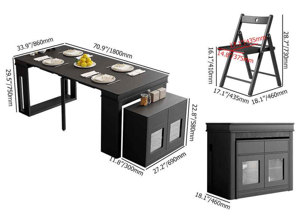 Modern extendable dining table with 4 chairs and rectangle storage sideboard in elegant walnut and gray finish