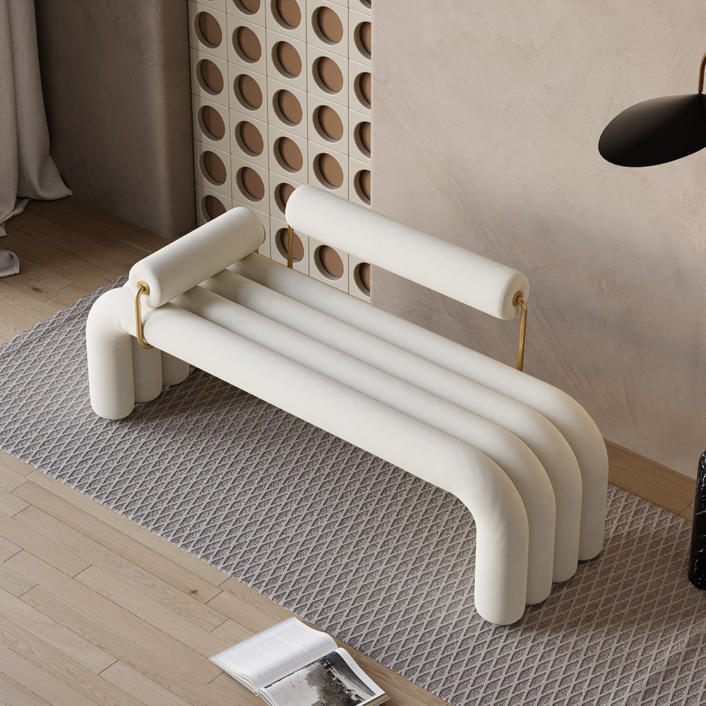 Elegant modern white line tufted bench with lavish velvet upholstery in gold finish