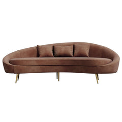 63 inch pink velvet curved sofa with gold metal frame and matching toss pillow, modern style