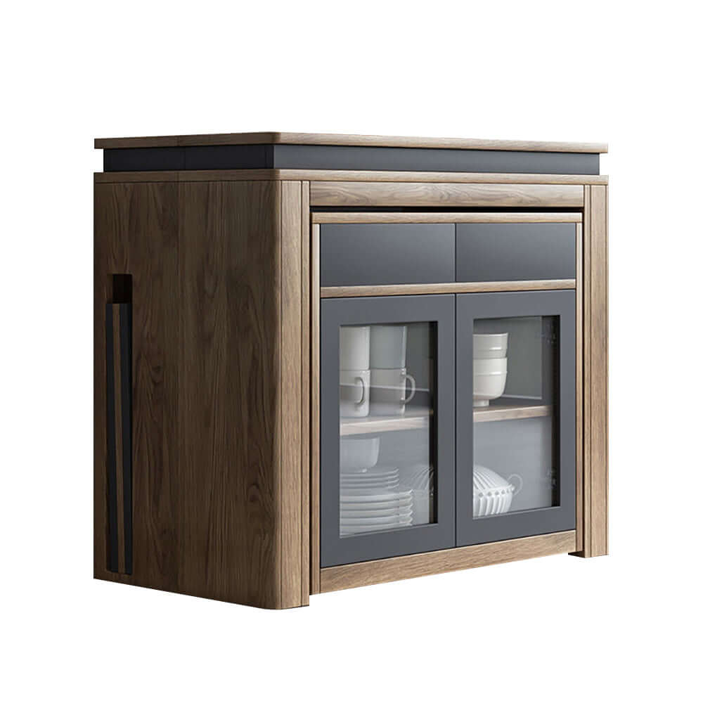 Modern extendable dining table with 4 chairs and rectangle storage sideboard in elegant walnut and gray finish