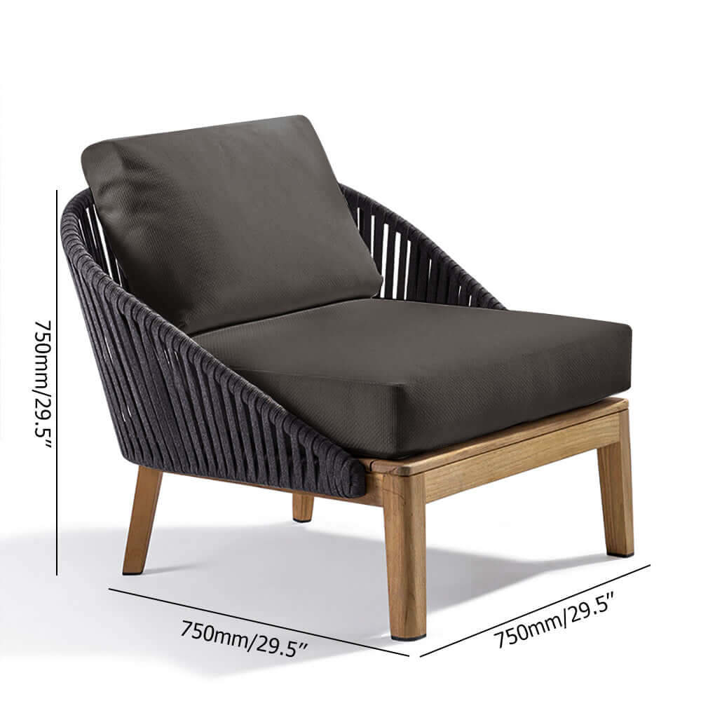 Outdoor armless chair made of rattan with solid wood base and comfortable gray cushion