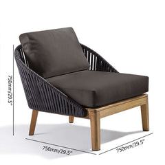 Outdoor armless chair made of rattan with solid wood base and comfortable gray cushion