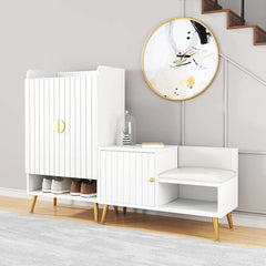 Contemporary white upholstered shoe rack bench with storage cabinet and shelf for hallway