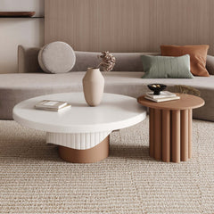 Round wooden coffee table set with fluted base in white and walnut