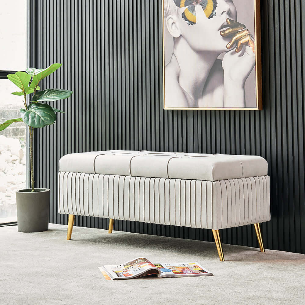 Chic velvet storage bench with gold legs for modern living spaces
