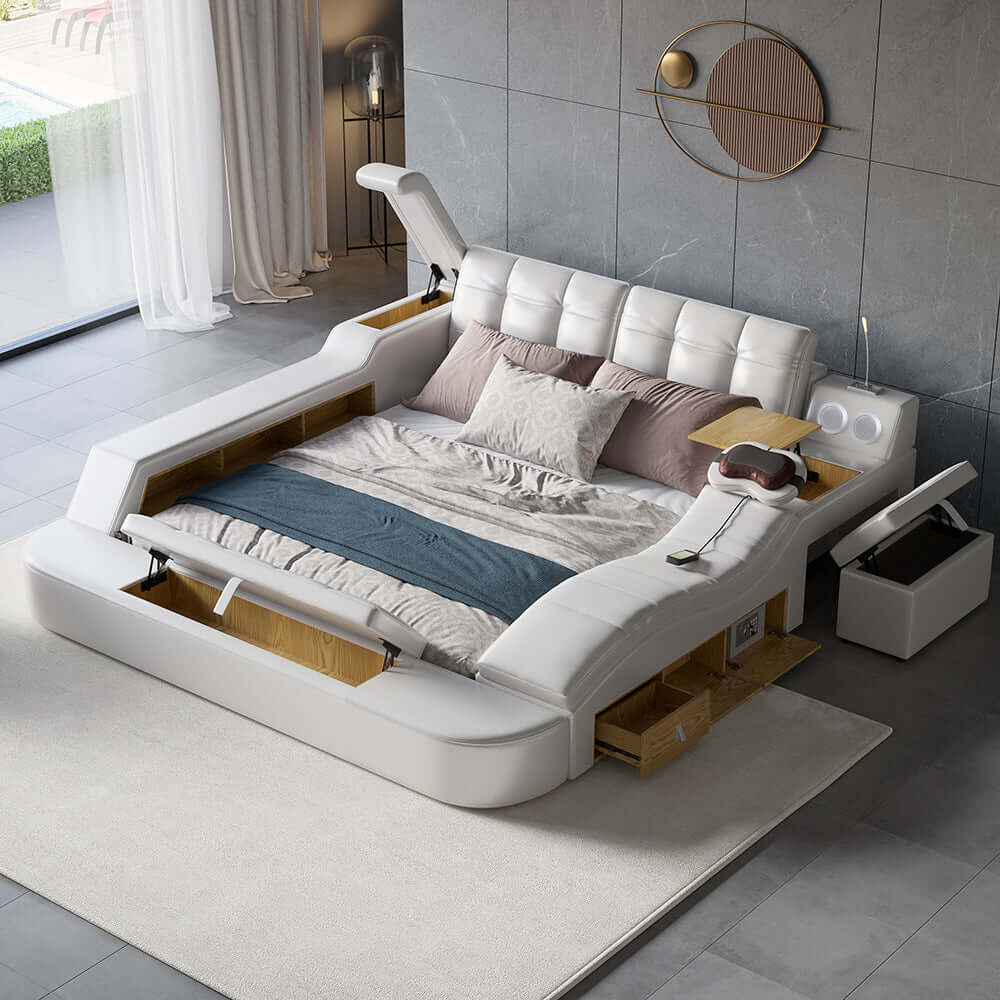 King White Smart Bed Faux Leather Bed with Massage & Speaker Hauptbild