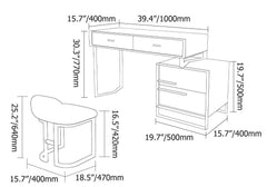 Elegant walnut makeup vanity set with ample storage, including drawers, cabinet, mirror, and stool, perfect for dressing area or bedroom decor