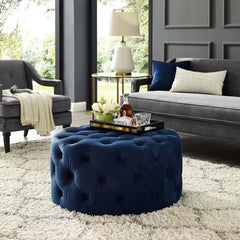 Light gray velvet tufted cocktail ottoman for relaxation