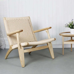 105 degrees solid wood lounge chair with kraft paper rope woven back and seat