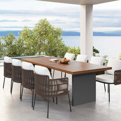 Teak table and rattan chairs patio dining set suitable for 8 persons