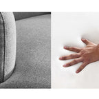 Elegant upholstered armchair in gray cotton and linen with modern metal base